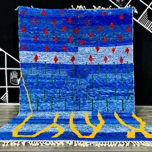 Moroccan Blue Wool Rug, Custom Handmade Area Rug, Geometric Solid Blue YELLOW red Moroccan Rug