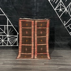 Bohemian striped Kilim Rug, Hand woven, Modern, Abstract, Flat weave rug, Brown Carpet