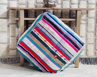 Vintage Moroccan Boujaad Pouf, Moroccan Pouf, Floor Cushion Rug Happy colors