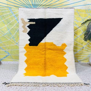 Modern small rug, Black and yellow Boho rug, beni ourain carpet, Moroccan berber rug.