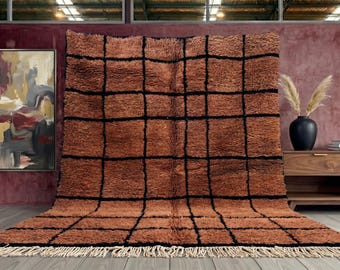 Tapis Beni Ourain à grille géométrique, tapis berbère en laine marron fait main