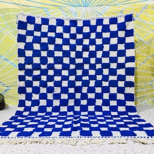 Custom Checkered Blue Rug, Handmade Wool Rug, Modern Checkerboard Carpet, Moroccan Rug in Any Color, Made to Order Area Rug