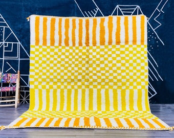 Wool checkered Moroccan area rug Yellow Checkered rug!