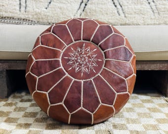 Handmade Moroccan Leather Pouf, Round Footstool, Home Decor (Unstuffed)