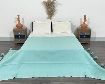 Handmade Mint Green Moroccan Pom Pom Blanket, Cotton Bed Cover