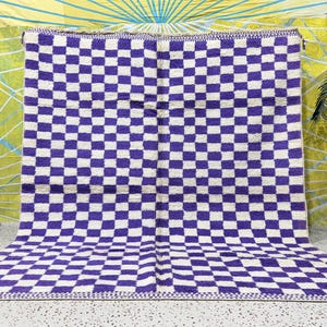 Custom Checkered rug, Purple and white wool rug, checked area carpet.