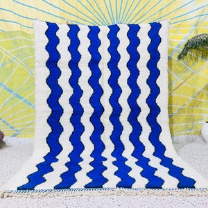 CUTE MORROCAN RUG, Beni Ourain Rug, Handwoven Blue Rug, Custom Wool Rug, Berber White And Blue Rug, Floor Modern Moroccan Rug
