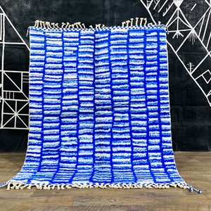Blue Block Hand Woven Wool Area Grid Rug, Boho Blue Rug.