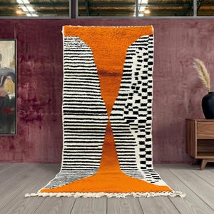 Handgemaakt Beni Ourain-wollen loper, bruin en zwart design