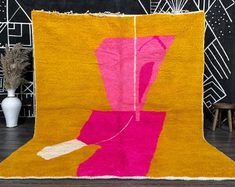 BEAUTIFUL MOROCCAN RUG - Custom Beni Ourain Rug - Yellow and Pink Rug- Handwoven Berber Rug- Abstract Sheep Wool Carpet- Handmade Area Rug.