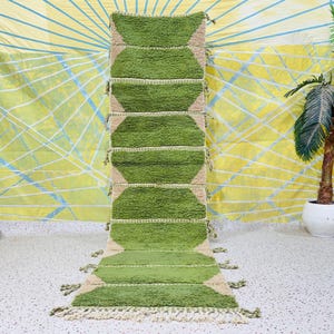 Green Moroccan Runner Rug, Handmade Runner Rug, Modern Hallway Runner Rug, Green Wool Rug Runner.