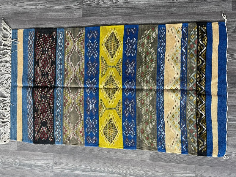 Striped small Moroccan rug, Colorful Kilim Rugs, Geometric Kelim Wool Area Flat Weave Carpet image 7