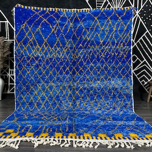 CUSTOM BENIOURAIN CARPET, Moroccan Handmade Rug, Royal Blue And Yellow Rug, Abstract Rug, Handmade Wool Carpet, Berber Rug, Handwoven Rug