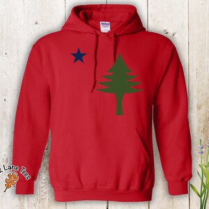 Pu&ograve; includere: Felpa con cappuccio rossa con un pino verde e una stella blu sul davanti. L'albero e la stella sono il design della bandiera del Commonwealth of Massachusetts.