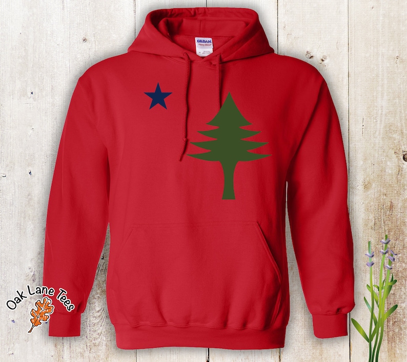 Pu&ograve; includere: Felpa con cappuccio rossa con un pino verde e una stella blu sul davanti. L'albero e la stella sono il design della bandiera del Commonwealth of Massachusetts.