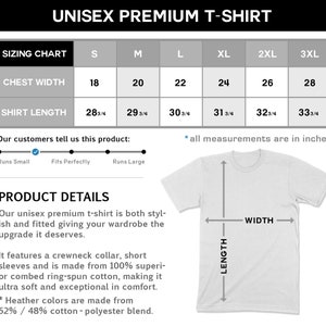 May include: Unisex premium t-shirt sizing chart with chest width and shirt length measurements in inches. The chart shows sizes from S to 3XL. A product description highlights the features of the t-shirt, including a crewneck collar, short sleeves, and 100% super combed ring-spun cotton. It also mentions that heather colors are made from a 52% cotton and 48% polyester blend.