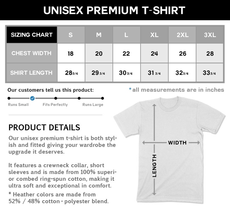 May include: Unisex premium t-shirt sizing chart with chest width and shirt length measurements in inches. The chart shows sizes from S to 3XL. A product description highlights the features of the t-shirt, including a crewneck collar, short sleeves, and 100% super combed ring-spun cotton. It also mentions that heather colors are made from a 52% cotton and 48% polyester blend.