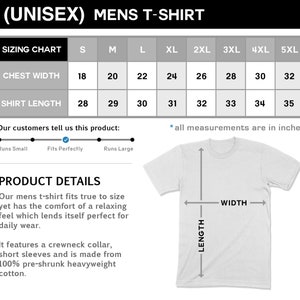 Puede incluir: Tabla de tallas para camiseta unisex con medidas en pulgadas para el ancho del pecho y la longitud de la camiseta. Las tallas van de la S a la 5XL. La tabla muestra una camiseta blanca con medidas de longitud y anchura.