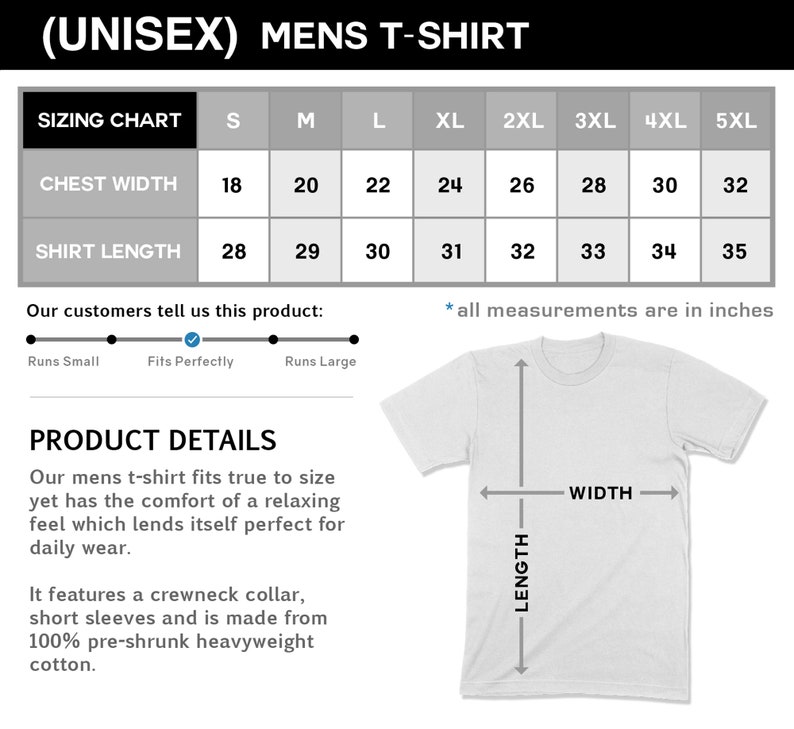 Puede incluir: Tabla de tallas para camiseta unisex con medidas en pulgadas para el ancho del pecho y la longitud de la camiseta. Las tallas van de la S a la 5XL. La tabla muestra una camiseta blanca con medidas de longitud y anchura.