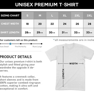 May include: Unisex premium t-shirt sizing chart with measurements in inches for chest width and shirt length. The chart shows sizes from S to 3XL. A white t-shirt with a crew neck collar and short sleeves is shown with measurements for length and width.