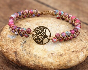 Pulsera Árbol de la vida Pulseras con dijes Pulseras trenzadas de cuerda Japser africana Pulsera de yoga Regalo para amantes de la amistad