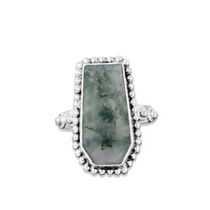 Moss Agate Coffin Ring: Gothic 925 Sterling Silver Statement Ring