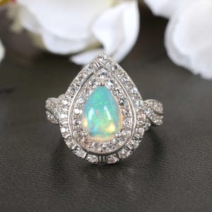 Natural Opal Engagement Ring | Pear Cut Double Halo Ring for Her | October Birthstone Promise Ring | Statement Wedding Jewelry Gift for her