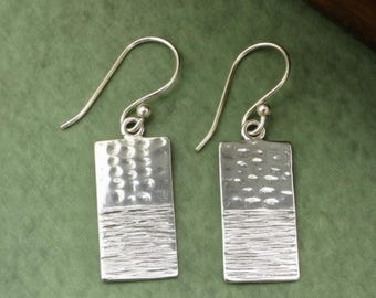 Minimalist Hammered Earrings, Rectangle Silver Charms, Vertical Bar Dangles, Artisan Metalwork Earrings, Sterling Silver Geometric Drops