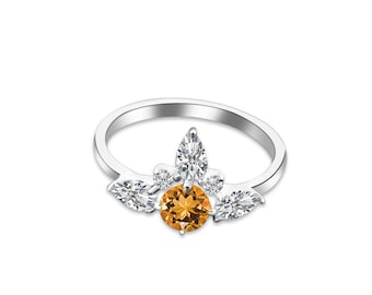 Citrine Tiara Ring, Crown Ring in Sterling Silver, Yellow Gemstone Chevron Ring, November Birthstone Gift, Dainty Stacking Ring for Her