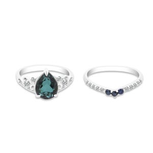 Alexandrite Pear 925 Silver Wedding Ring Set: Bridal Engagement Ring