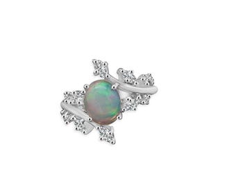 Ethiopian Opal Ring, 925 Sterling Silver Vine Branch Ring, Oval Opal Leaf Bypass Ring, Dainty October Birthstone Jewelry Unique Gift for Her