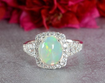 Top Quality Natural Opal Ring, 925 Silver Ring, Wedding Engagement Ring For Her, Gift For Mom, Halo Proposal Ring, Opal Gemstone, Gift Idea