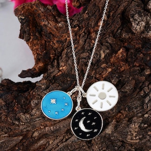 Sterling Silver Celestial Pendant Necklace: Enamel Sun, Moon & Star
