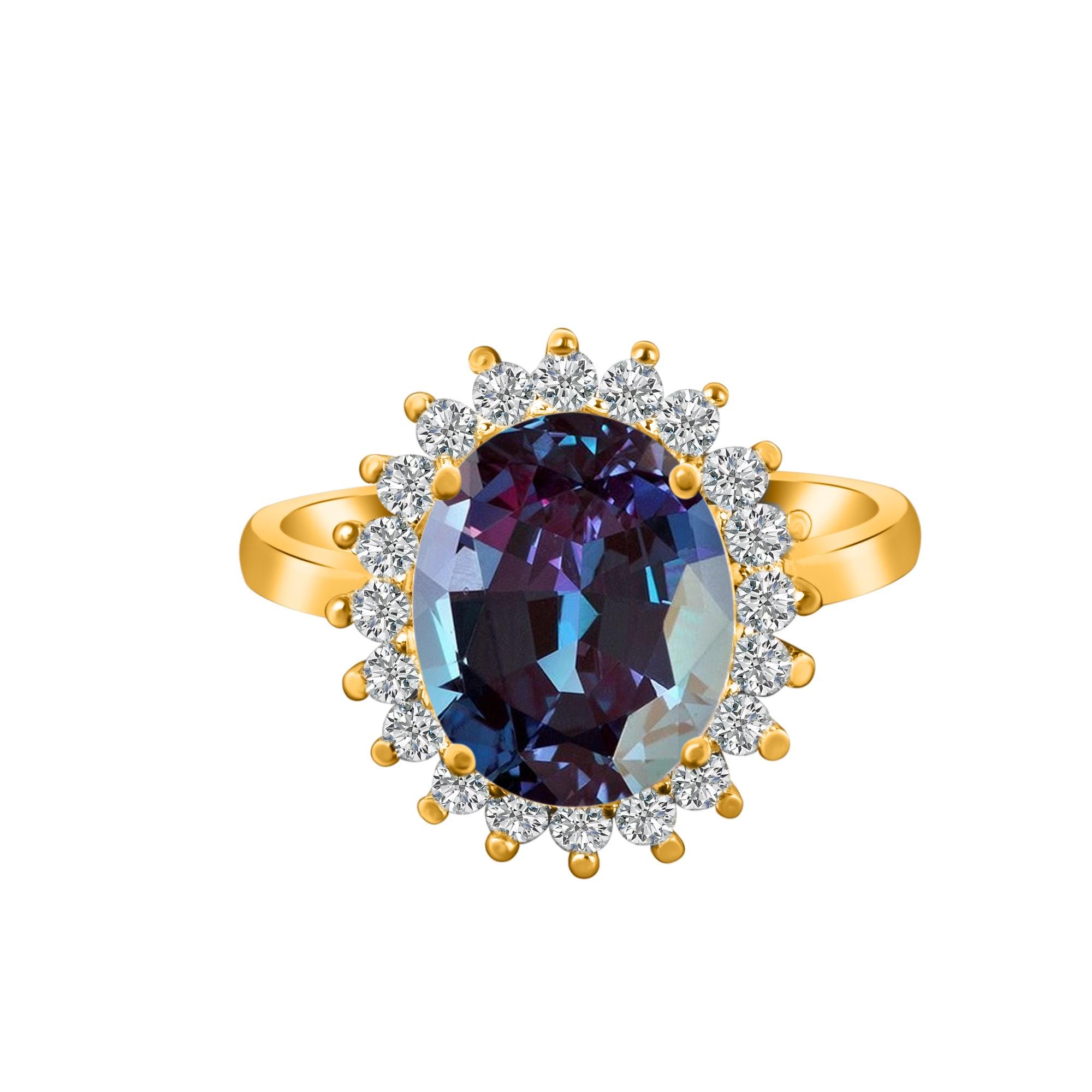 Alexandrite Halo Ring: 925 Silver, Zircon Accents