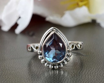 Teardrop Bio Alexandrite Ring: 925 Sterling Silver Boho Jewelry