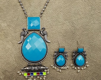 Turquoise Birthstone Jewelry Set | December Gemstone Necklace Earrings | Handmade Silver Boho Gift
