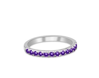 Amethyst Wedding Band in 925 Sterling Silver, Purple Gemstone Half Eternity Ring, February Birthstone Stacking Ring, Minimalist Band for Her