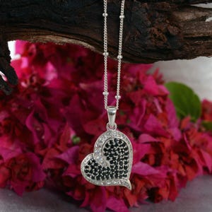 Black Spinel Heart Pendant: 925 Sterling Silver, White Zircon Accent