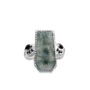 Moss Agate Coffin Ring: Art Deco 925 Sterling Silver Gemstone