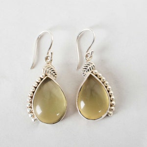 Lemon Quartz Teardrop Earrings: Sterling Silver Leaf Design, Handmade