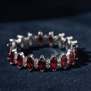Marquise Garnet Wedding Band, Full Eternity Stacking Ring, Unique Red Gemstone Bridal Band, Minimalist Anniversary Ring, Dainty Garnet Ring,
