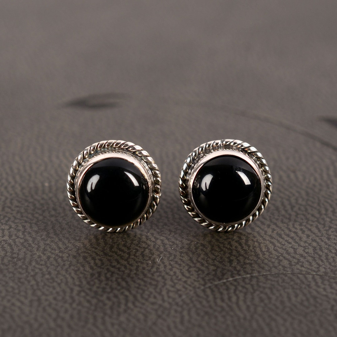 Buy Black Onyx Stud Earrings: Oxidized 925 Sterling Silver, Round