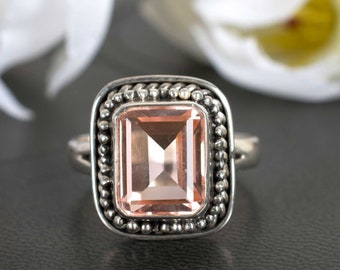 Handmade Octagon Morganite Quartz Ring: Oxidized Sterling Silver Boho Jewelry