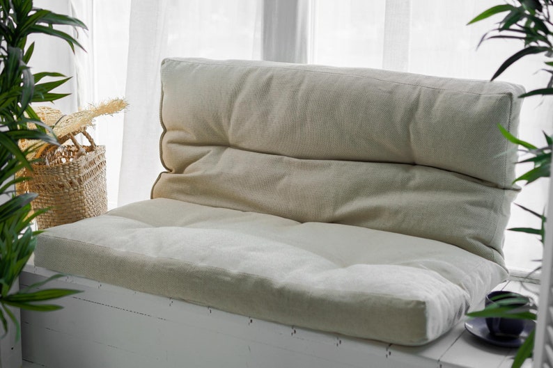 Hemp cushio, sofa. Linen floor furniture. Eco-friendly window cushion, bench seat cushion. Children's play mat. Reading nook cushion beige