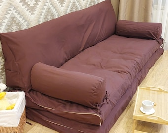 Sofá cama futón de cáñamo. Sofá de suelo con fundas de lino extraíbles. Sofá de suelo grande. Alfombra de juegos infantil. Rincón de lectura con cojín. Fundas orgánicas con cremallera.