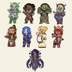 May include: A collection of nine cartoon character illustrations. Each character is depicted in a chibi style, with exaggerated features and vibrant colors. The characters are diverse, with varying skin tones, hair colors, and outfits, suggesting a fantasy or gaming theme.