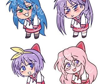 May include: Four cartoon characters with different colored hair and outfits. Each character is wearing a red and white sailor uniform with a red bow. The characters are all looking down and smiling.