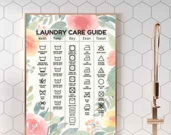 Clothing care laundry room washing symbols chart vacation rental guest information wall art college dormitory clothes wash dry template sign