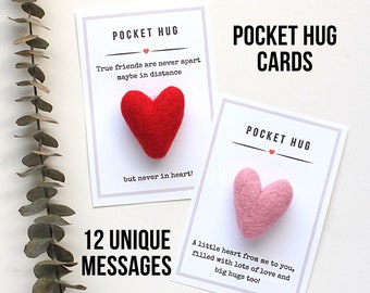 Printable Pocket Hug Cards, Pocket Heart Digital DIY packaging, Miss you friend self care heart messages