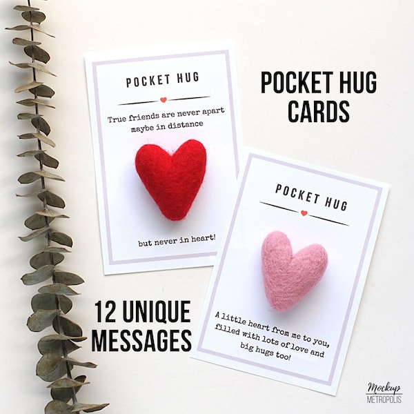 Printable Pocket Hug Cards, Pocket Heart Digital DIY packaging, Miss you friend self care heart messages